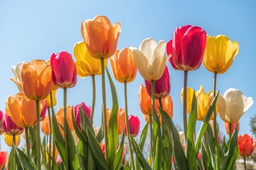 Wall Mural - An elegant bunch of tulip flowers, known for their vibrant, cup-like blooms and belonging to the lily family, blooms in spring as bulbous plants.