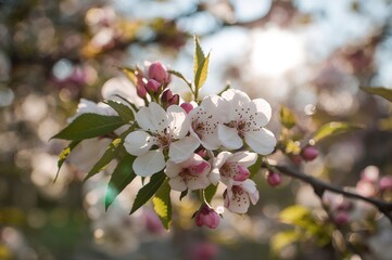 Wall Mural - Close-up shot of pink and white apple blossoms on a bright spring day with a blurred natural backdrop