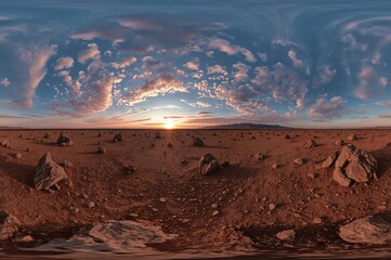 Wall Mural - 360-degree spherical panorama of an alien sunset landscape, environment mapping, equirectangular for