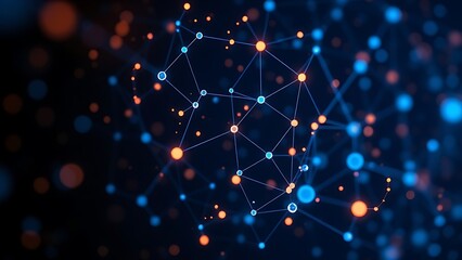 Abstract network of glowing nodes and connections in blue and orange floating in space.