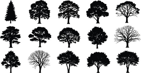 Assortment of tree silhouettes, showcasing various shapes and sizes of trees for naturethemed designs and illustrations