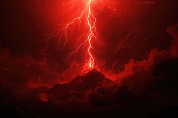 Wall Mural - apocalyptic sky painted blood red with flashing lightning and shadowy figures, depicting eternal dam