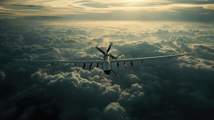 Wall Mural - a large airplane soars through a cloudy sky with puffy white clouds and blue clear air
