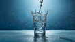 © Faruk - Water splashing into a clear glass on a blue background with droplets pouring liquid