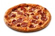 © The 2R Artificiality - Sharp slice of pepperoni pizza with mozzarella and spicy sausage on a white backdrop
