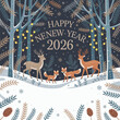 © subho - Happy New Year 2026 forest scene with deer, foxes, and winter decorations Keywords: New Year
