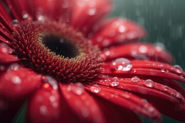 Wall Mural - Close-up of a red daisy covered in water droplets with a very shallow focus.