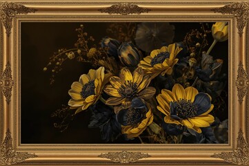 Wall Mural - Graphic of abstract yellow and black flowers with a golden border set against a dark backdrop