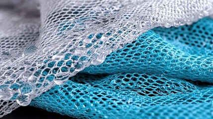  Close-up of a mesh bag with blue and white cloths on top and bottom