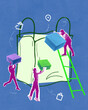 © master1305 - Creative collage. People loading colorful boxes into giant green shopping bag with ladder. Concept of teamwork, retail shopping, organization, e-commerce logistics, and cooperation with active emotion