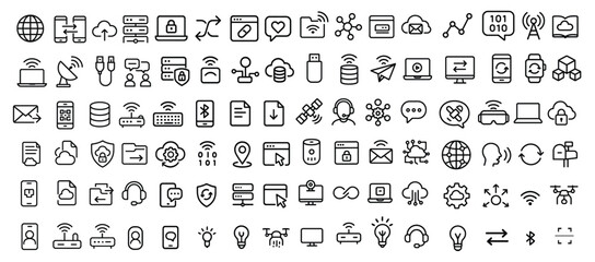Data communication line icon set. Featuring internet, cloud, connection, network, digital system, sharing, global link, security, and more. Minimalist icons collection. Editable vector illustration. 