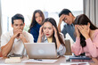 © Fahng - Tired business team are having a briefing meeting, can't find solution. Exhausted male and female employees fail a startup, upset about work troubles, unsuccess and overwork concept.
