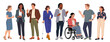 © Creative_Juice_Art - Diverse people communicating, including business professionals, casual outfits, and individuals with disabilities, Flat vector illustration isolated on transparent background