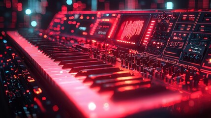Futuristic synthesizer with red illuminated keys and controls