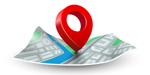 Wall Mural - folded maps navigation with red road pin.
