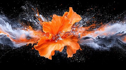 Wall Mural -  An orange flower rests atop a splash of water set against a black backdrop featuring white and gray swirls