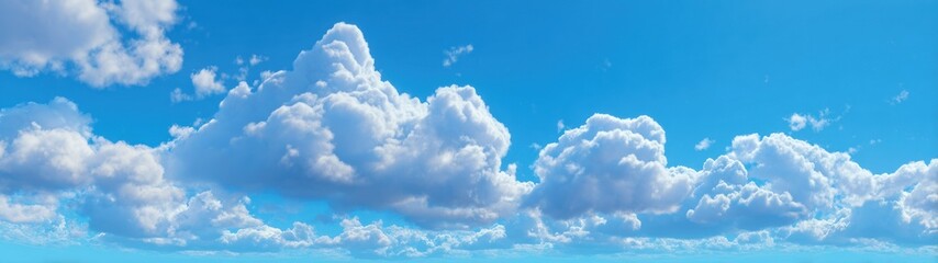 Wall Mural - Panoramic view of a bright blue sky filled with fluffy, white cumulus clouds, casting soft shadows and creating a tranquil, airy atmosphere