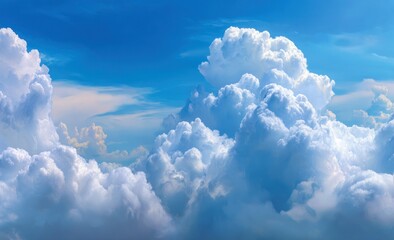 Wall Mural - Expansive blue sky filled with billowing white cumulonimbus clouds, creating a dynamic, beautiful scene with sunlight casting soft shadows