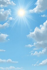 Wall Mural - Bright, shining sun with emanating rays in a light blue sky, fluffy white clouds scattered across a clear weather scene