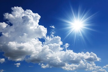 Wall Mural - A bright sun shines above cumulus clouds, set against a clear, vivid blue sky. Radiating light fills the scene, suggesting warmth and clarity