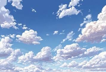 Wall Mural - A vibrant, animated blue sky filled with fluffy white cumulus clouds, a bright and serene day captured in a painterly style