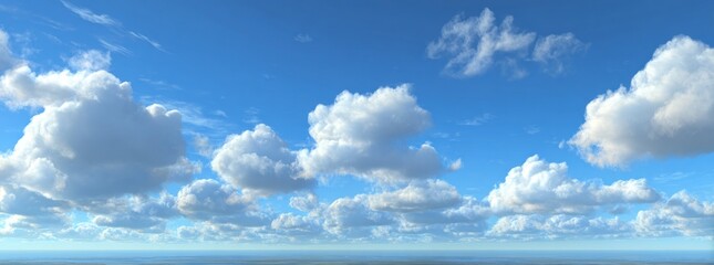 Wall Mural - Panoramic scene showing fluffy cumulus clouds scattered across a clear, bright blue sky, hovering above a distant, calm body of water