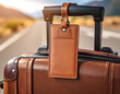 © Adelia - Brown leather luggage tag on rolling suitcase closeup