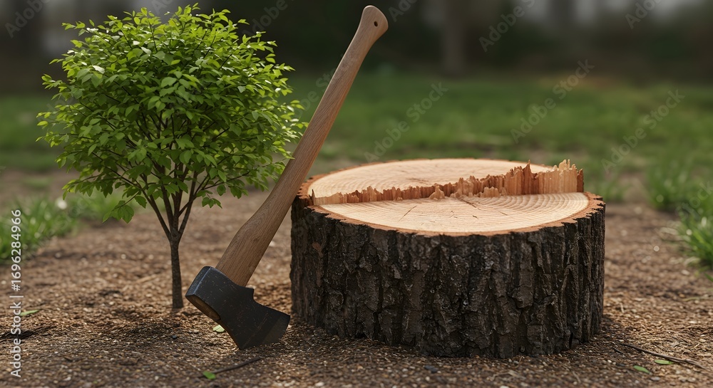 Tree stump and axe with sapling, cut down but regrowth, Financial ...
