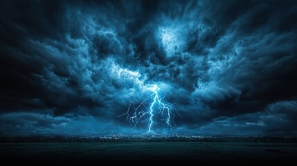 Wall Mural -   A large cloud with lightning fills the sky as dark clouds surround it and a central lightning bolt illuminates the scene