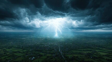 Wall Mural -   An aerial shot of a city shrouded in clouds, featuring a lightning bolt piercing the gray sky in the center