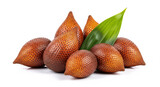 Fresh Salak fruit (snake fruit) with green leaf, tropical Southeast Asian produce, isolated transparent background.