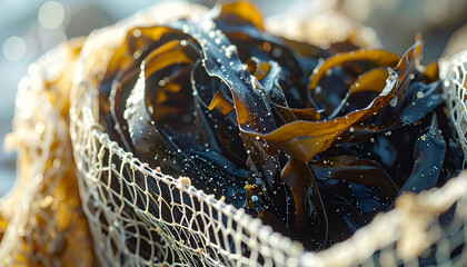 Seaweed Harvest in Net: An intricately detailed, macro capture showcases a fishing net brimming with a glistening collection of fresh seaweed.
