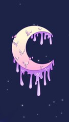 Wall Mural - Animation of universe with melting purple crescent moon and stars on blue sky