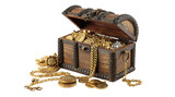 Ancient treasure chest with gold coins and jewelry on display for a pirate adventure theme