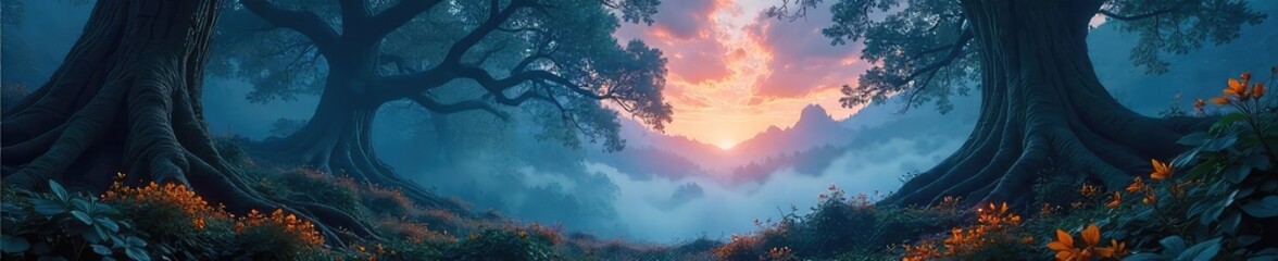 Wall Mural - Enigmatic forest bathed in ethereal light, ancient trees reaching towards a mystical sky, glowing flora hinting at hidden magic A scene of serene otherworldly beauty , scene, vines