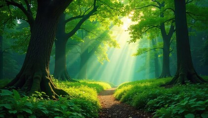 Wall Mural - Majestic ancient woodland, sunlight dappling through a canopy of leaves onto a lush forest floor A sense of peace and tranquility pervades this vibrant ecosystem , bark, life