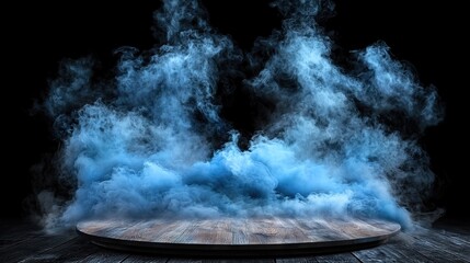 Wall Mural -   A black background showcases a stage with a wooden floor and blue smoke emanating from its top
