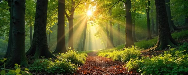 Wall Mural - Sun-dappled forest scene with towering trees, lush undergrowth, and a carpet of fallen leaves Perfect for nature, environment, and woodland themes , undergrowth, dappled, sun