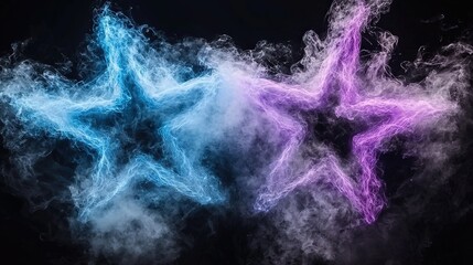 Wall Mural -  Purple and blue stars on black background with cloud-shaped smoke