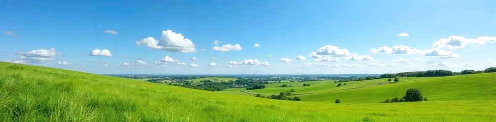 Wall Mural - Vast, clear blue sky over the rolling hills and fields of the UK countryside Perfect summer day, idyllic landscape Peaceful, tranquil scene Natural beauty at its finest , horizon, panorama, british