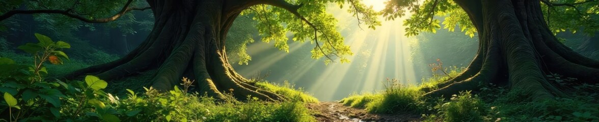 Wall Mural - Untamed wilderness, sunlight dappling through ancient trees in a lush, vibrant forest Deep shadows, tangled undergrowth, and a sense of untamed beauty , ecology, leaves, habitat