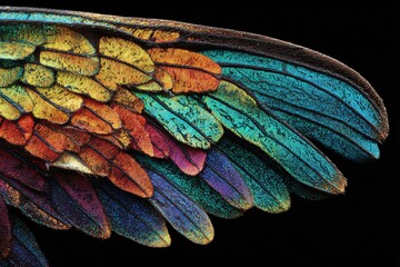Wall Mural - Close-up of a colorful iridescent insect wing against a dark background.