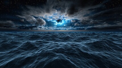 Wall Mural -   A vast expanse of water under a star-filled sky, with the moon positioned centrally above