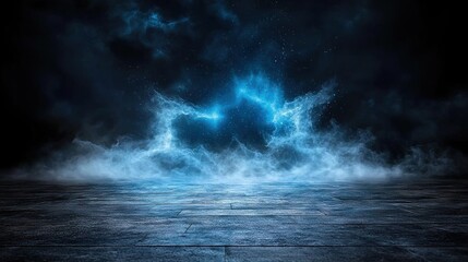 Wall Mural -   A dimly lit chamber featuring numerous grey clouds and an intense azure radiance emanating from the room's center