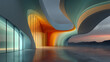 © Prasanth - illustration of abstract wavy architecture backgrund, Minimal curved geomety architectural design, Ca presentation backdrop wit empty concrete floor, Floing geometric glass buildig design