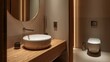 © -Quantum Pixels- - Bathroom featuring a ceramic basin, wooden vanity, circular mirror on the wall, and a vertical toilet setup.