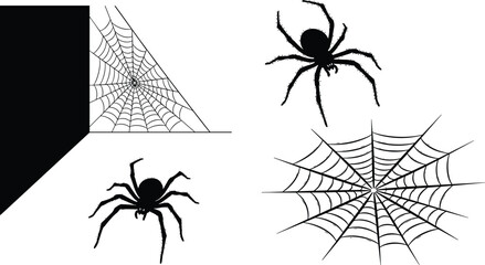 Spooky Spiderwebs and Crawling Spiders Silhouette Vector Art