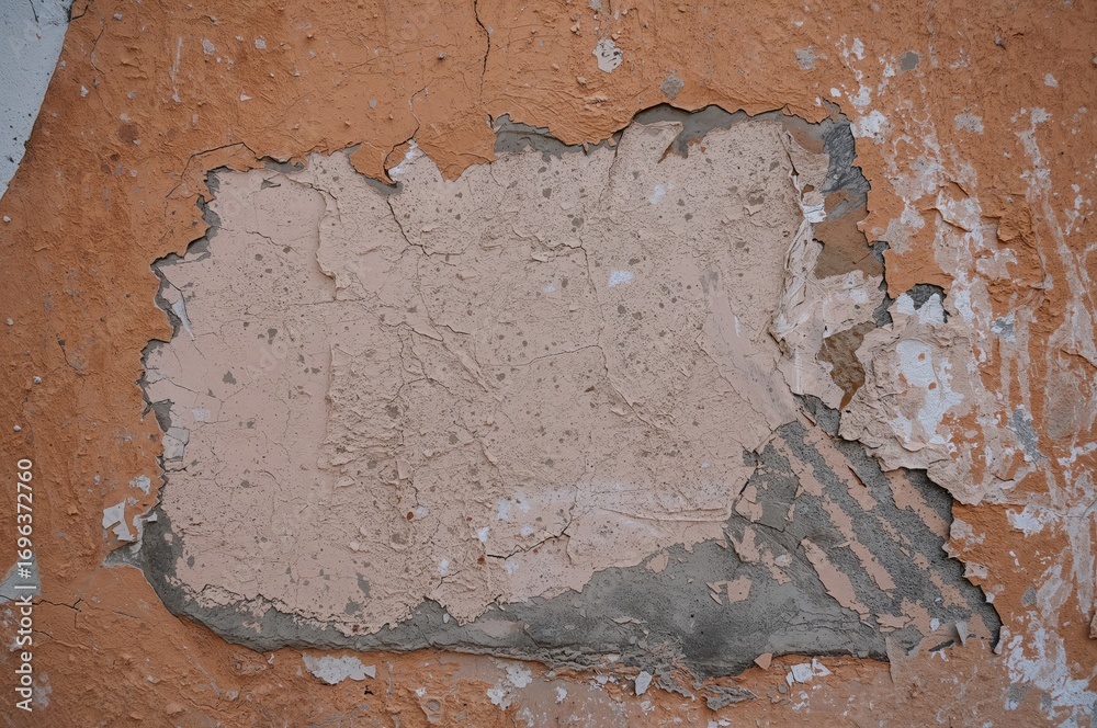 Detailed view of a damaged wall section revealing the underlying cement ...