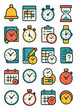 © Volodymyr Kozakov - School Timetable icons in modern flat vector style in minimalistic vibrant color design: school bell clock, class schedule, lecture timer, exam