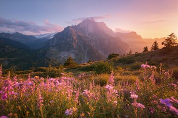 Wall Mural - Sunrise over blooming flowers and mountain scenery in summer